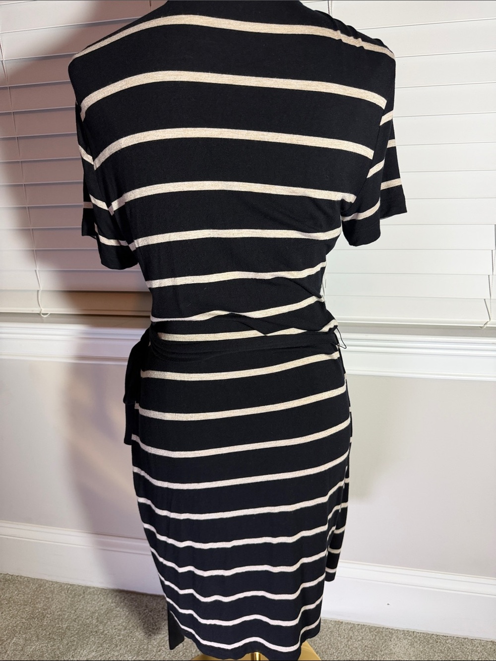 Black & Cream Striped Wrap Dress - Classic V-Neck - Picture 4 of 4
